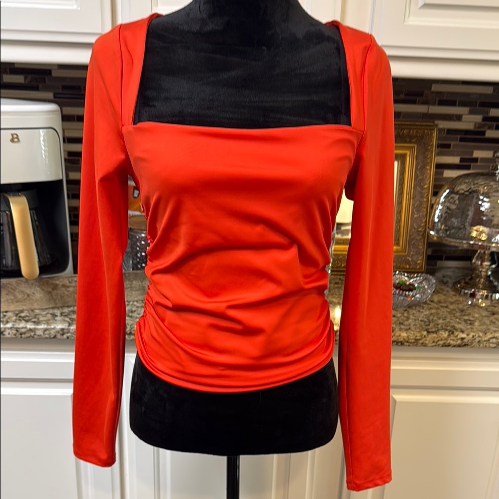 Vibrant Orange Fitted Ruched Blouse large